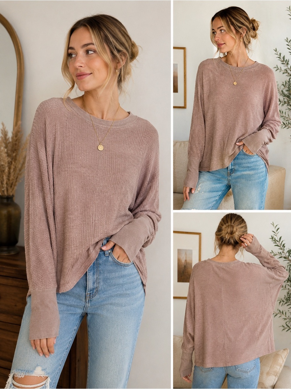 Anthropologie Waffle Knit Thermal Top Mauve Taupe Dolman Sleeve Medium